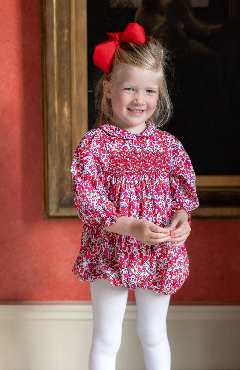 Jane Austen Romper With Crimson Hand Smocking  made with Liberty Wiltshire Fabric