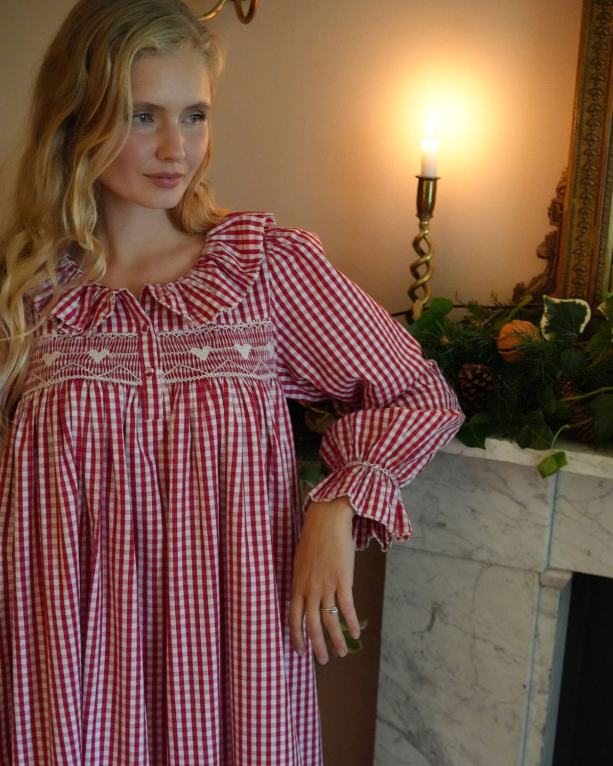 Nightingale Women's Dress Crimson Gingham with Snow Angel Hand Smocking