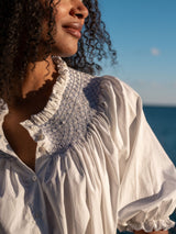 Cleopatra Blouse White with Cornflower Hand Smocking