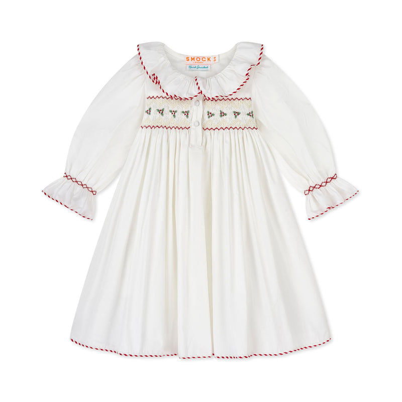 2-3y Samantha Varvel x Smock London Nightingale Girls Dress Moonstone White with Candy Cane Trim and Holly Hand Smocking