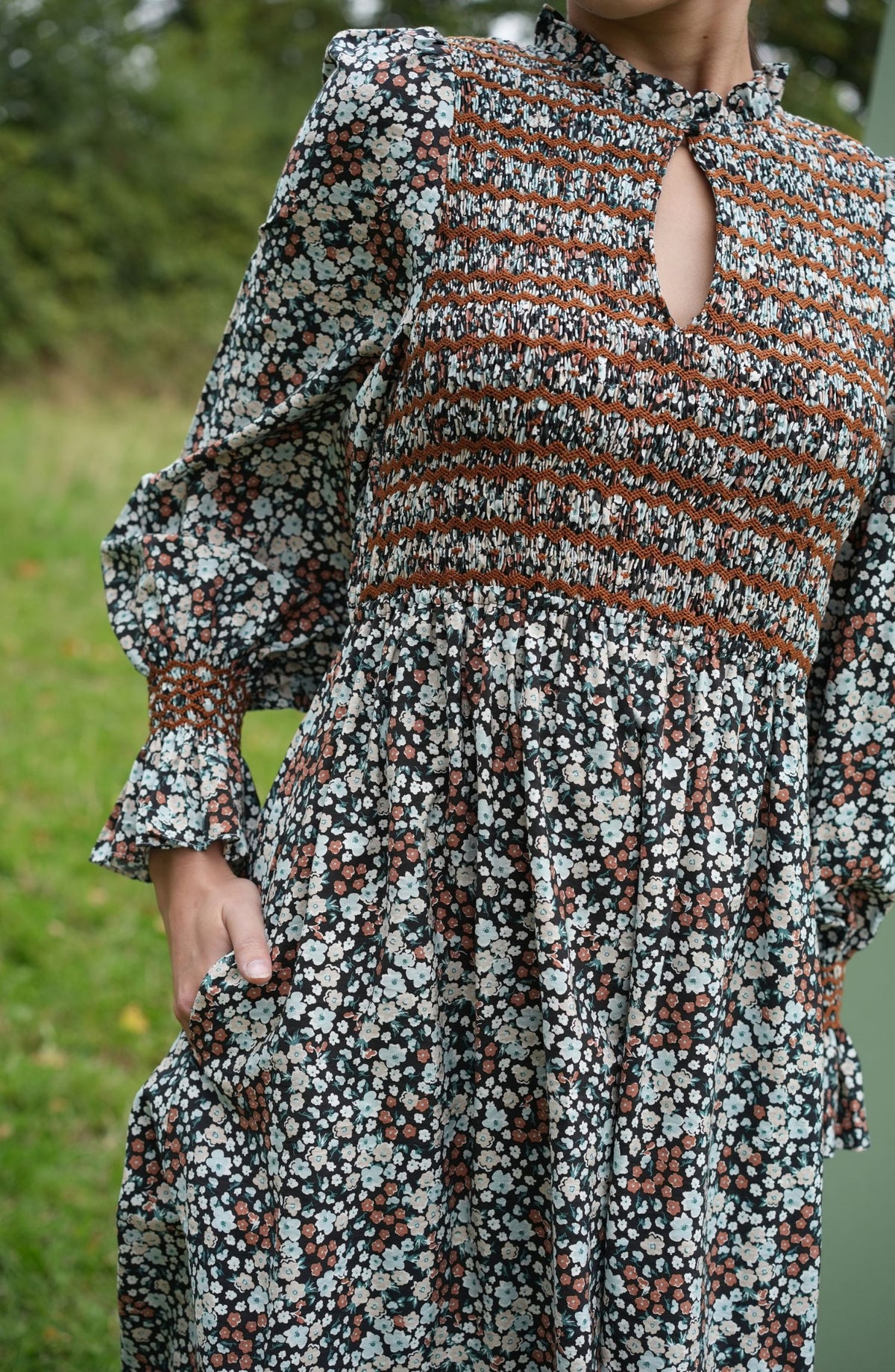 Emmeline Pankhurst Women's Dress Autumn Floral with Conker Hand Smocking