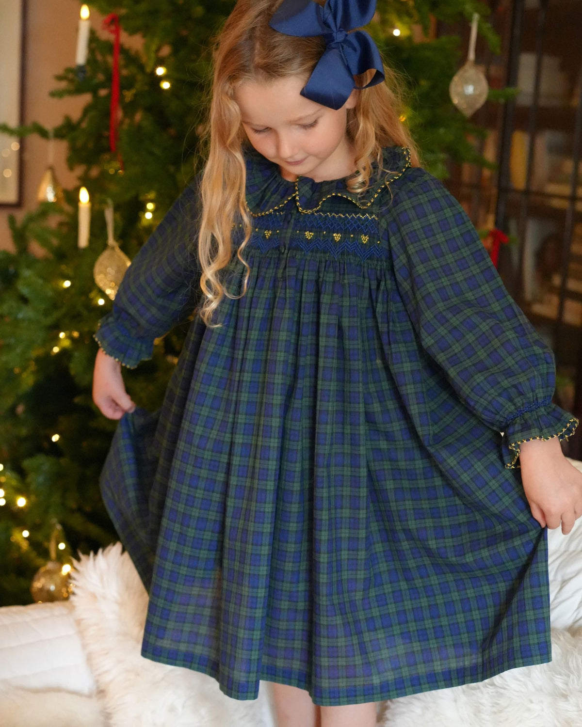Nightingale Girl's Dress Little Black Watch with Golden Locket Hand Smocking