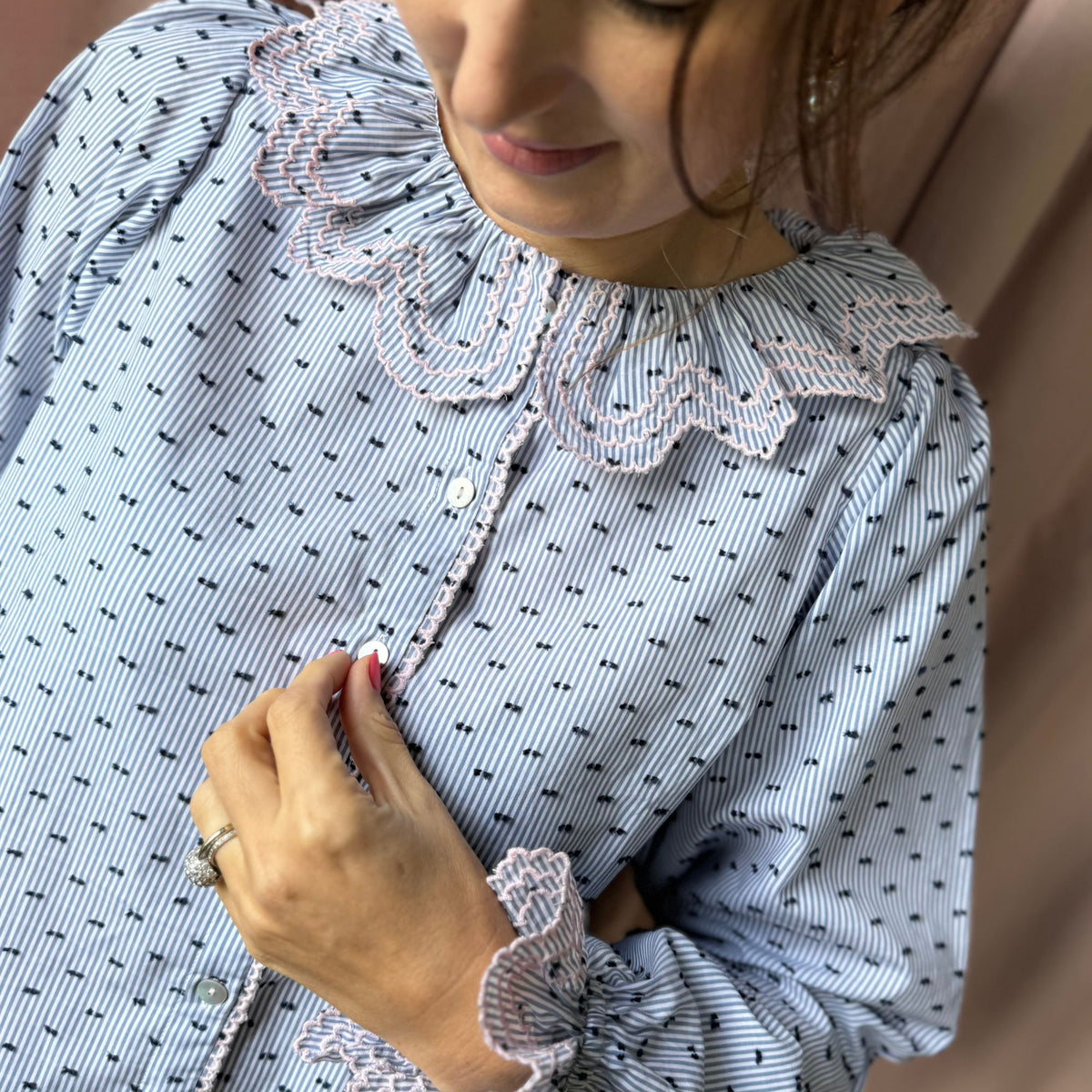 Small Bronte Blouse Indigo Plumetti with Ballet Slipper Embroidery