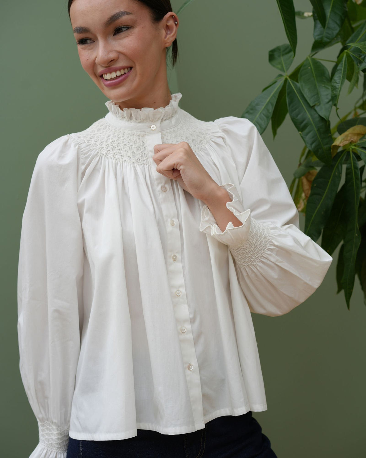 Scholl Women's Blouse White with Ivory Hand Smocking