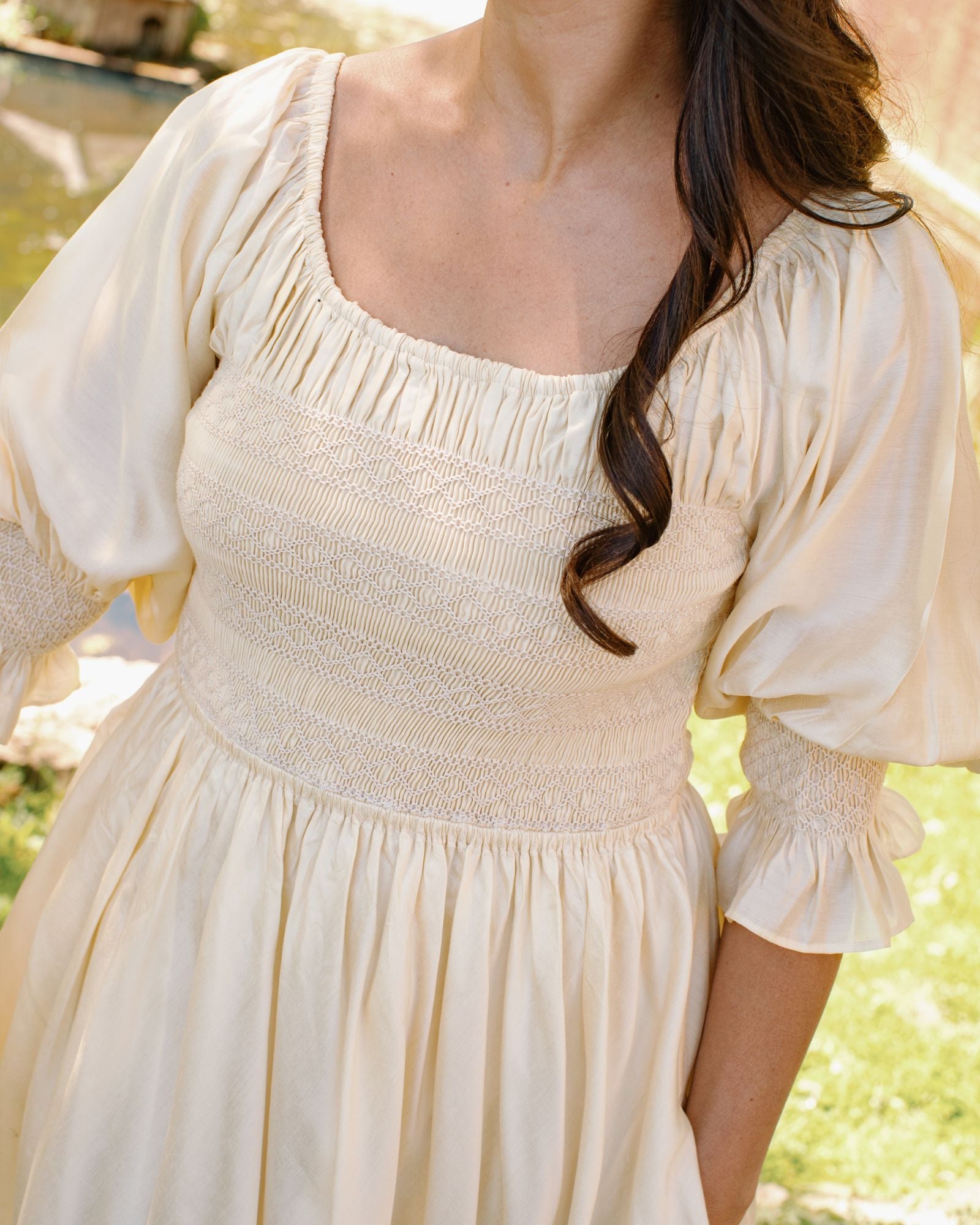 My Mulberry House x Smock London Liesl Dress Buttermilk Silk Cotton with Parchment Hand Smocking