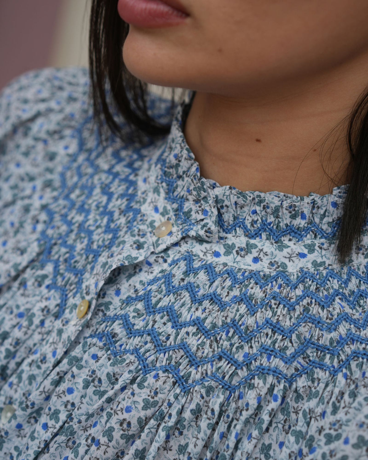 Scholl Blouse Cornflower Meadow Cotton Lawn with Periwinkle Hand Smocking Edition 78