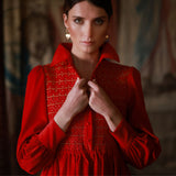 Victoria Woodhull Women's Dress Crimson Needlecord with Gold Coin Hand Smocking