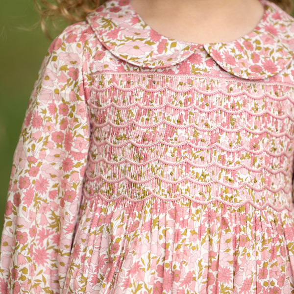 Antoinette Dress with Raspberry Crumble Hand Smocking made with Liberty Poppies & Daisies Fabric