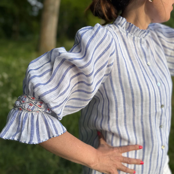 Shelley Blouse Blue Monday Stripe Linen with Paradise Fish Hand Smocking Edition 12