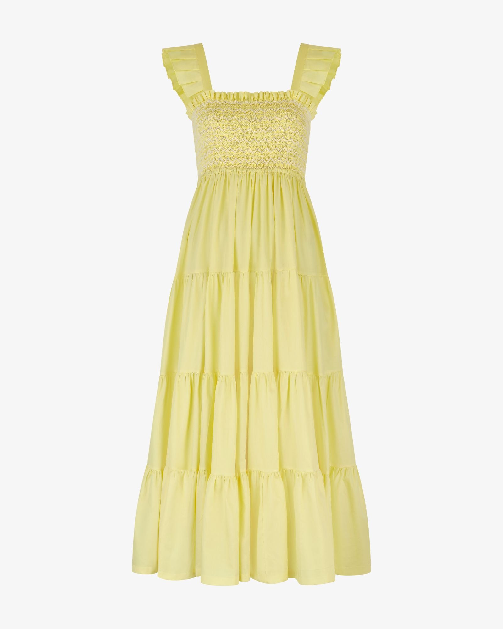 Rachel Carson Dress Lemon Cotton Lawn with Chantilly Hand Smocking
