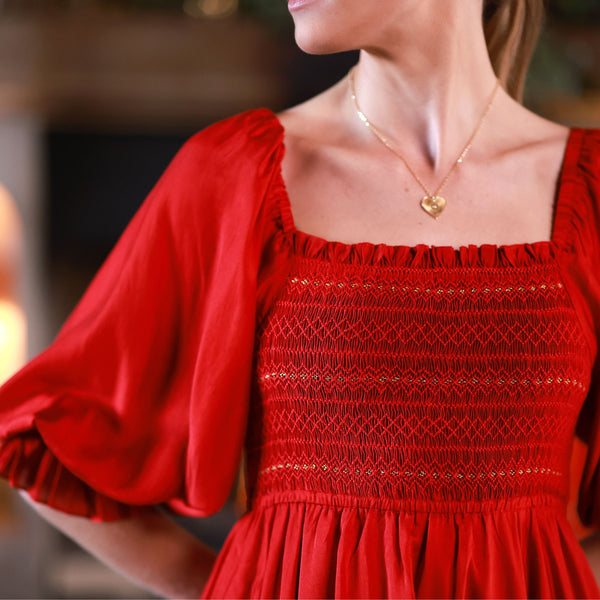 Ella Fitzgerald Women's Dress Crimson Silk-Cotton with Sleigh Bell Hand Smocking