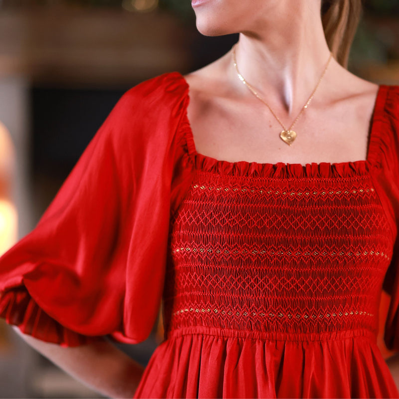 Ella Fitzgerald Women's Dress Crimson Silk-Cotton with Sleigh Bell Hand Smocking