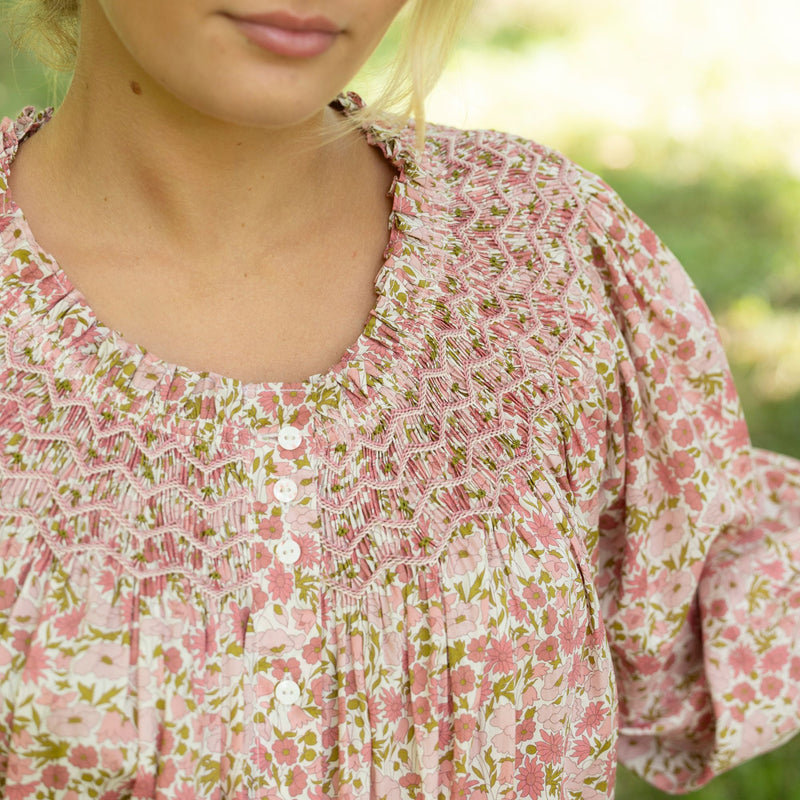 Cleopatra Blouse with Hedgerow Haze Hand Smocking made with Liberty Poppies and Daisies Edition 30