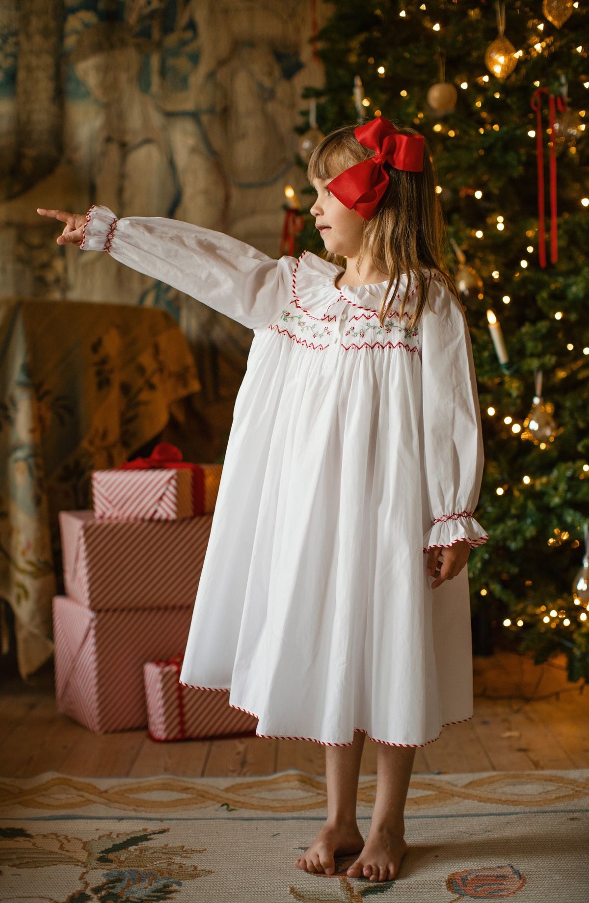 Nightingale Girl's Dress with Candy Cane Piping and Christmas Garland Hand Smocking