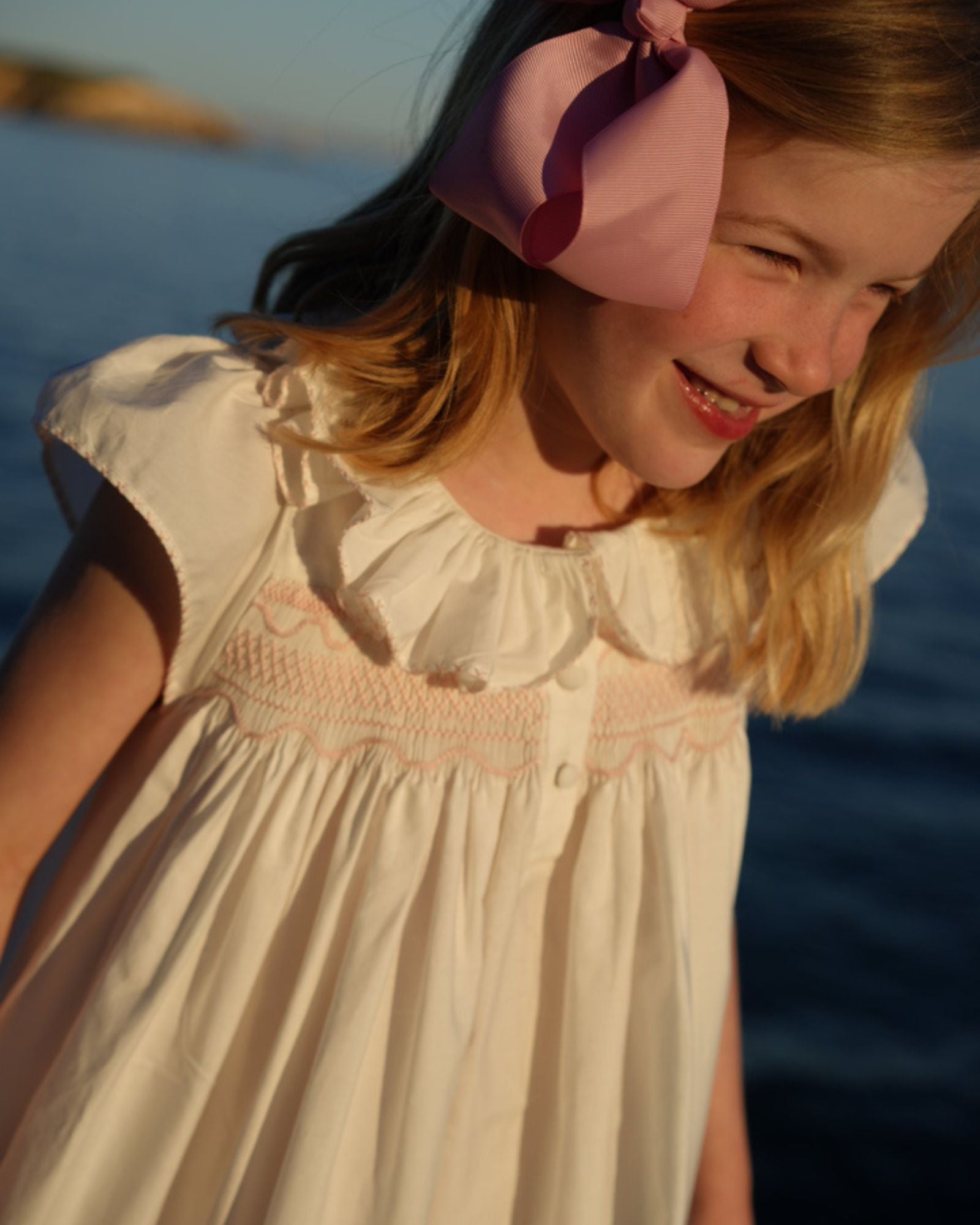 Nightingale Girl's Dress Moonstone Cotton with Seashell Stacked Curves Hand Smocking