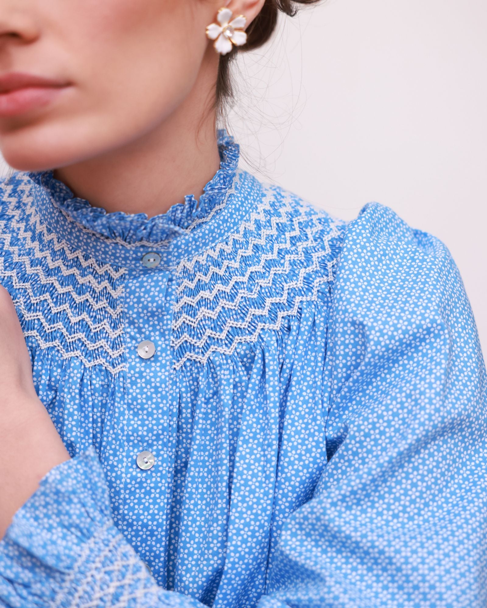 Pom x Smock London Scholl Blouse Paperwhite Ditsy with Snowdrop Hand Smocking Edition 61