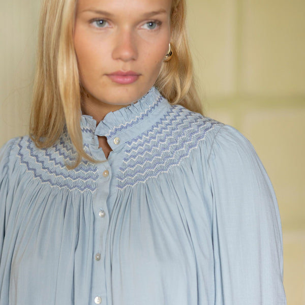 Scholl Blouse Powder Blue with Blueberry Hand Smocking Edition 47
