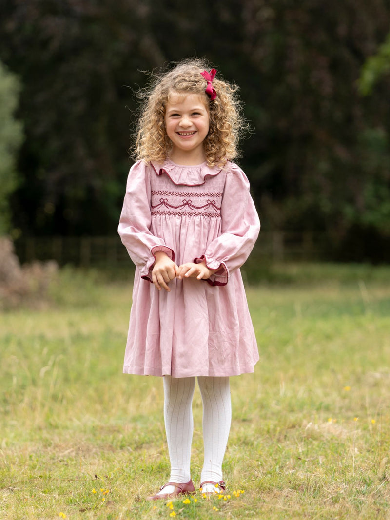 Katherine Johnson Dress Dusty Rose Linen with Mulberry Bow Hand Smocking