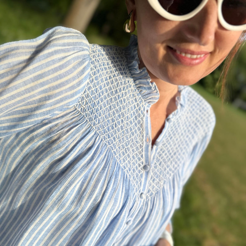 Rosa Parks Blouse  Periwinkle Painted Stripe with Summer White Hand Smocking Edition 9