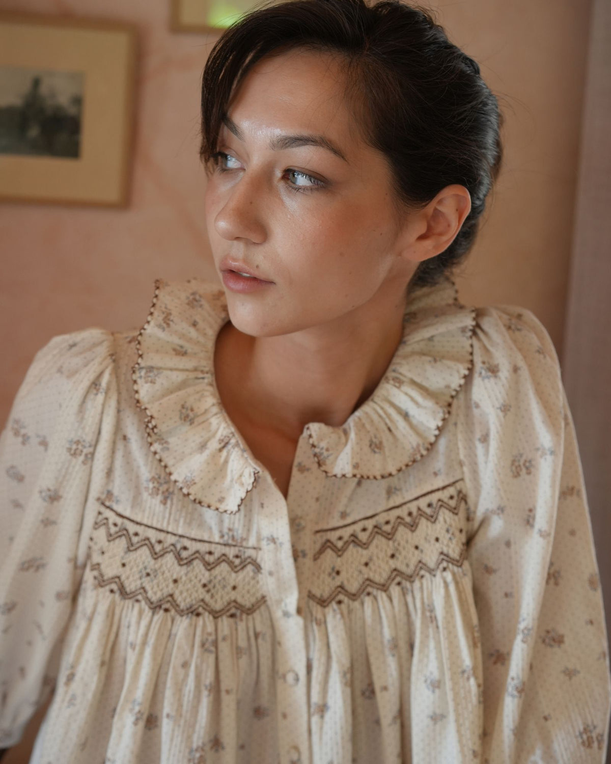 Marie Curie Blouse Tea Posie with Toffee Cream Hand Smocking