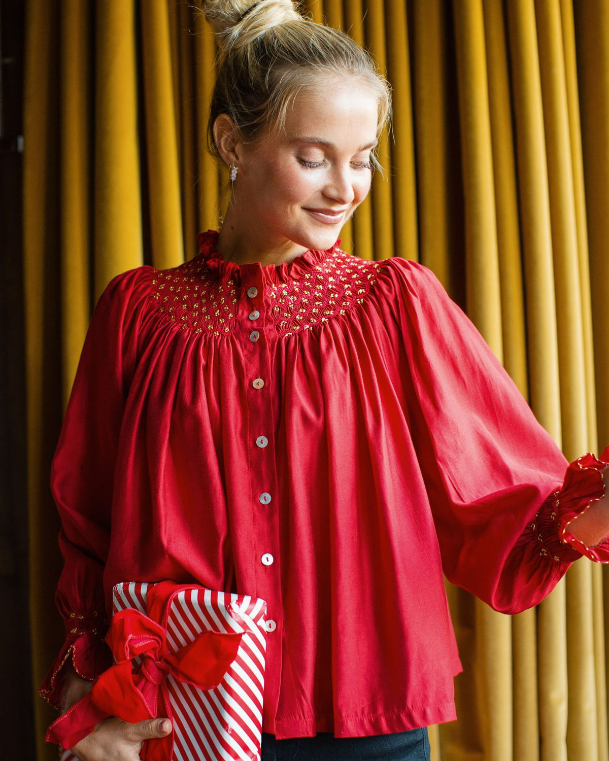 Cleopatra Blouse Red Silk Cotton with Sleigh Bell Hand Smocking Edition 35