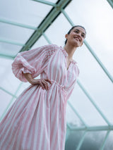 Aloha Wanderwell Dress Powder Pink Stripe with Scarlet Hand Smocking