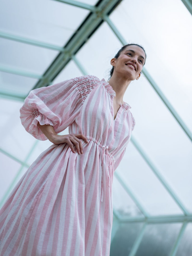 Aloha Wanderwell Dress Powder Pink Stripe with Scarlet Hand Smocking