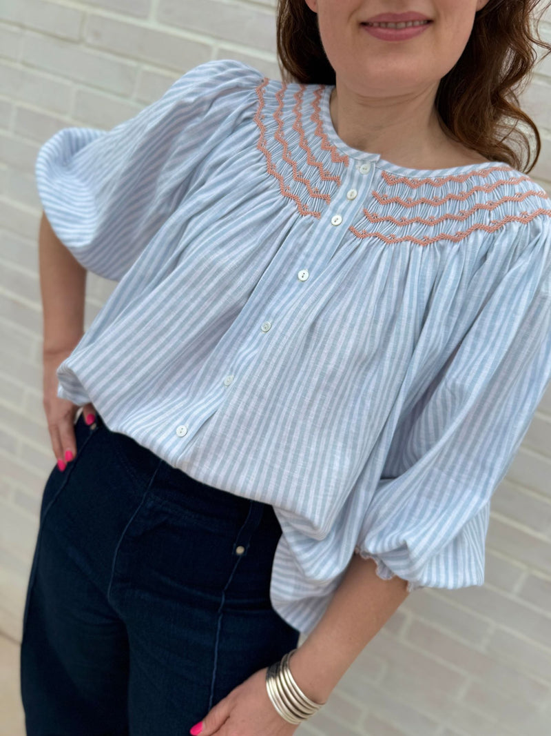 Cleopatra Blouse Oyster Bay Stripes with Bellini Hand Smocking Edition 18
