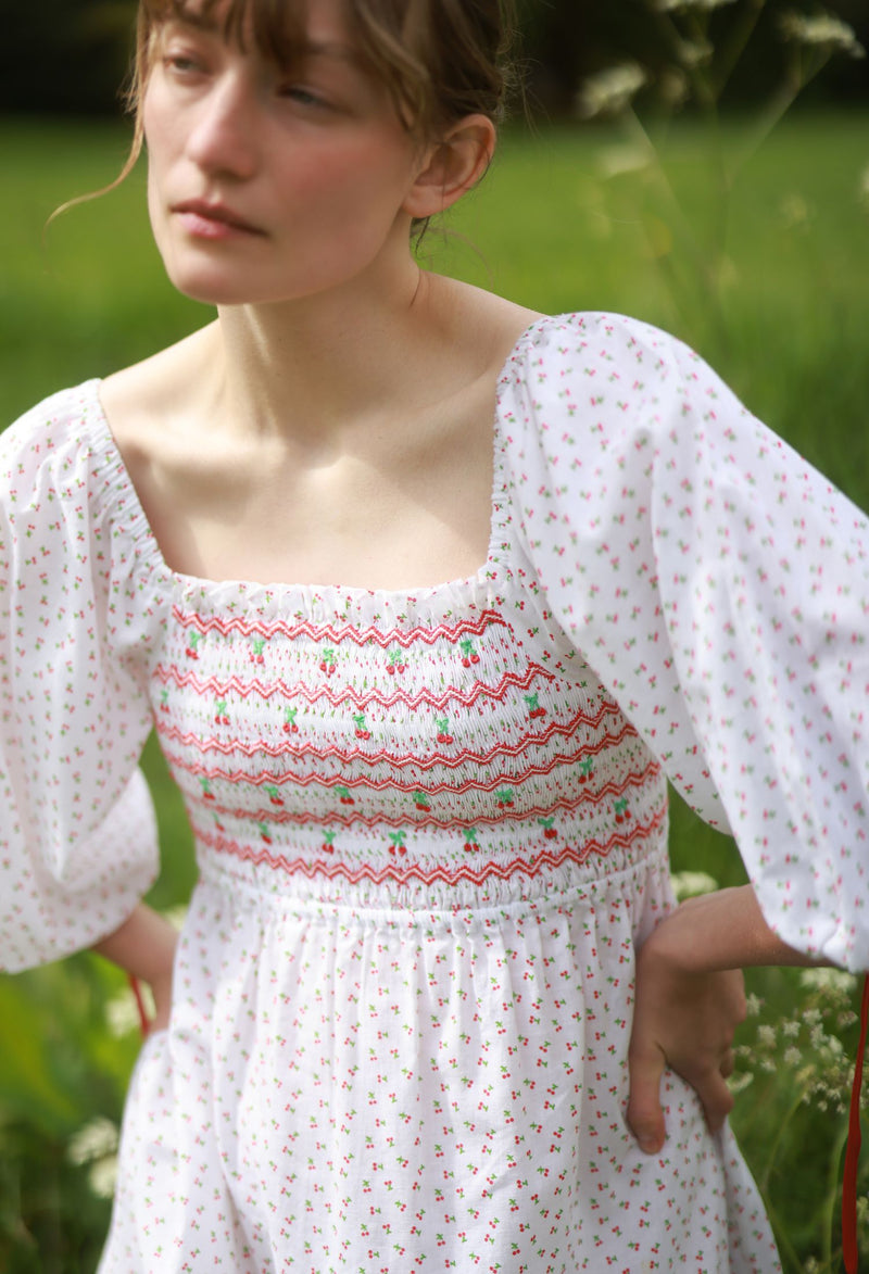 Josefine Butler Dress Bonne Maman Cotton with Cherry Bakewell Hand Smocking