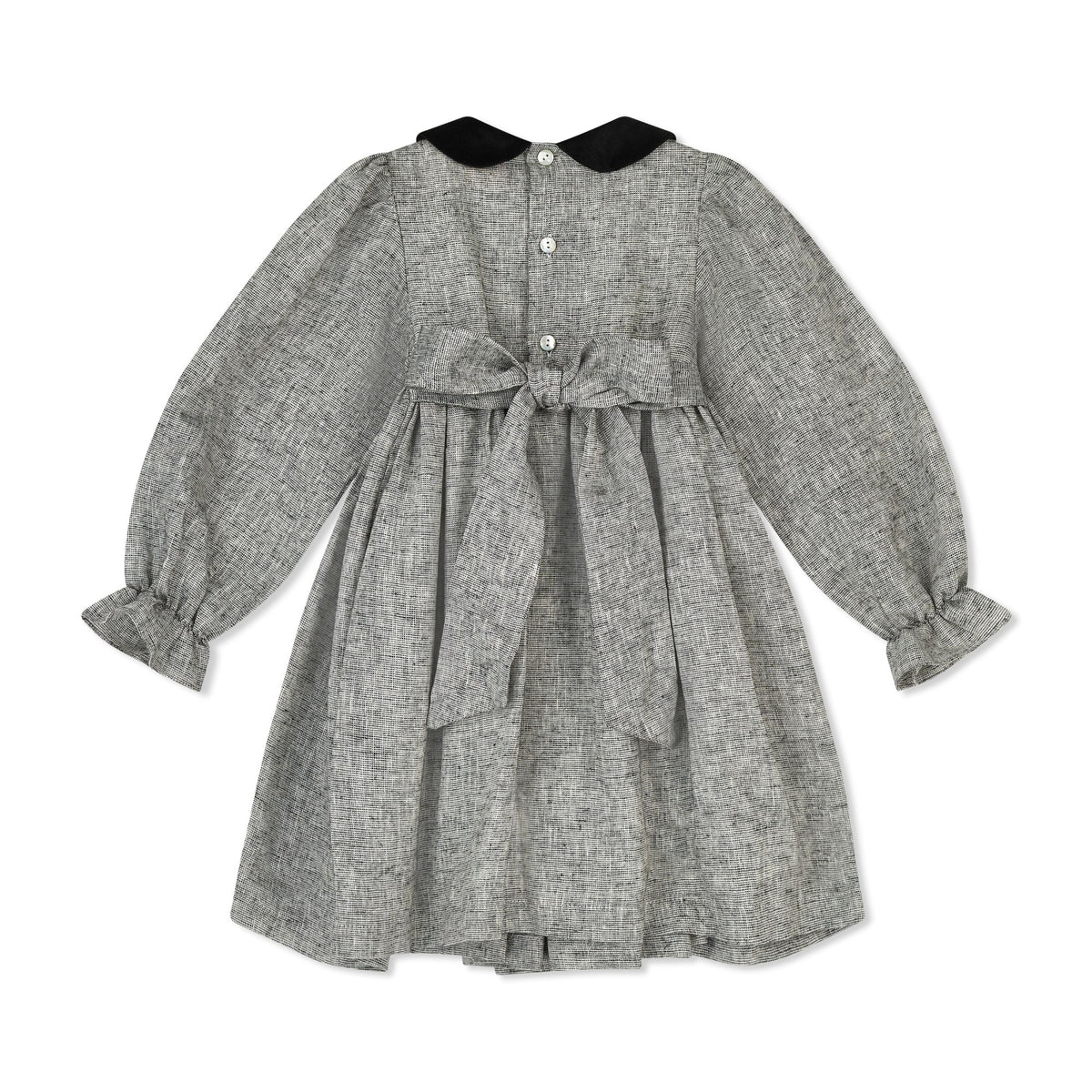 Margaret Thatcher Dress Silver Stitches Linen with Onyx Sparkle Hand Smocking