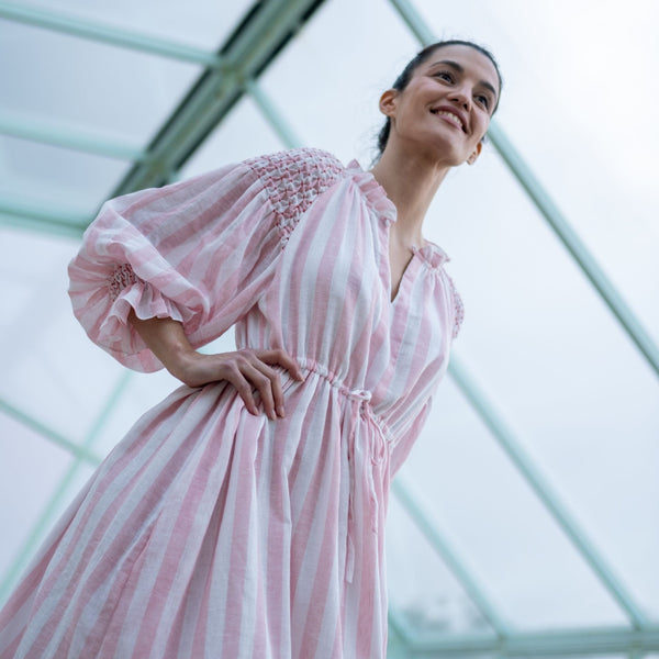 Aloha Wanderwell Dress Powder Pink Stripe with Scarlet Hand Smocking