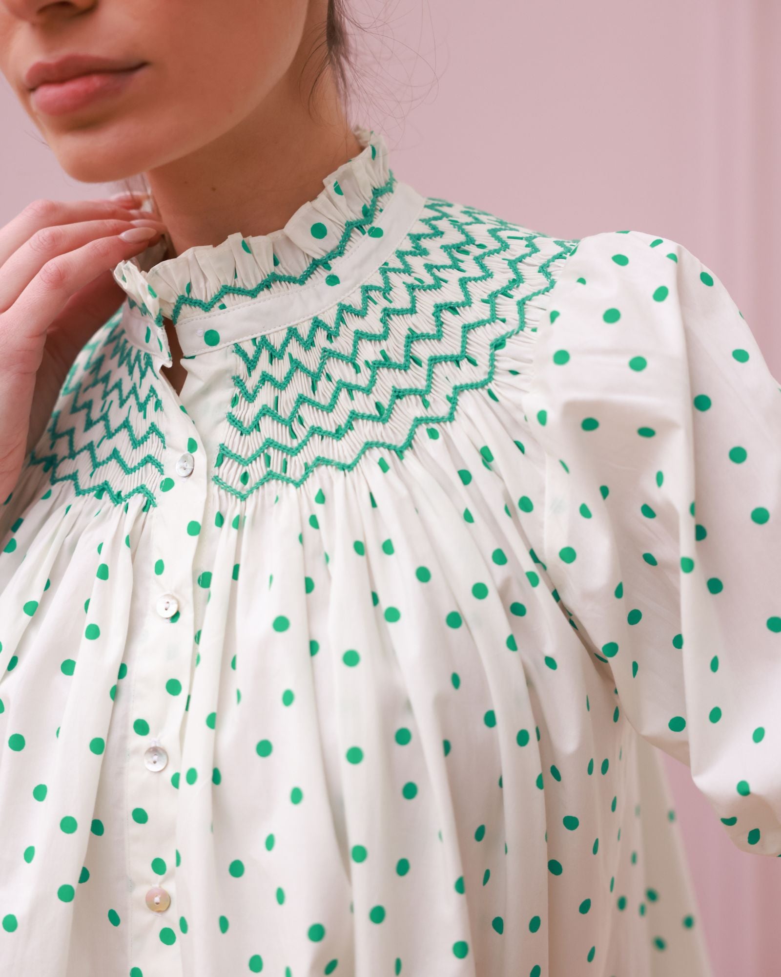 Scholl Blouse Frog Polka cotton with Jade Hand Smocking Edition 59