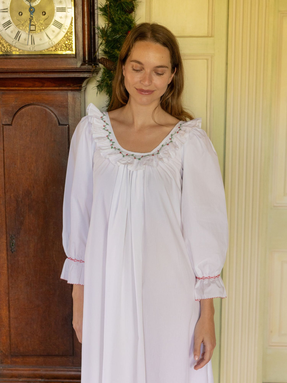 S/M Cassat Women's Dress Moonstone Cotton with Holly Hand Smocking
