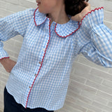 De Beauvoir Blouse Baby Blue Gingham with Russian Red Embroidery