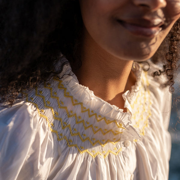 Cleopatra Blouse White with Sunshine Hand Smocking