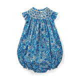 Coco Romper with White Horses Hand Smocking made with Liberty Margaret Annie Azure