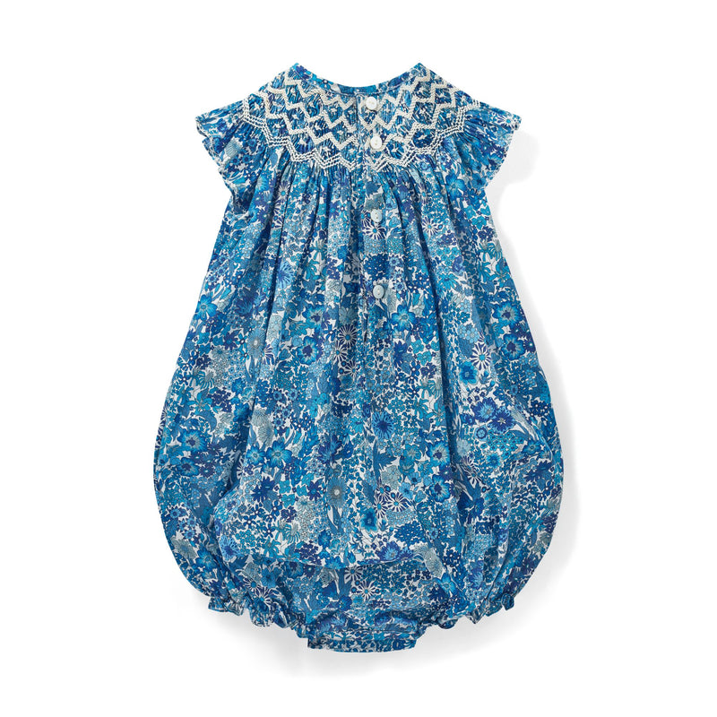 Coco Romper with White Horses Hand Smocking made with Liberty Margaret Annie Azure