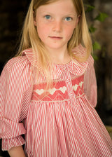 1-2 & 2-3y Samantha Varvel x Smock London Nightingale Girl's Dress Gingerbread Stripes with Snow Heart Hand Smocking