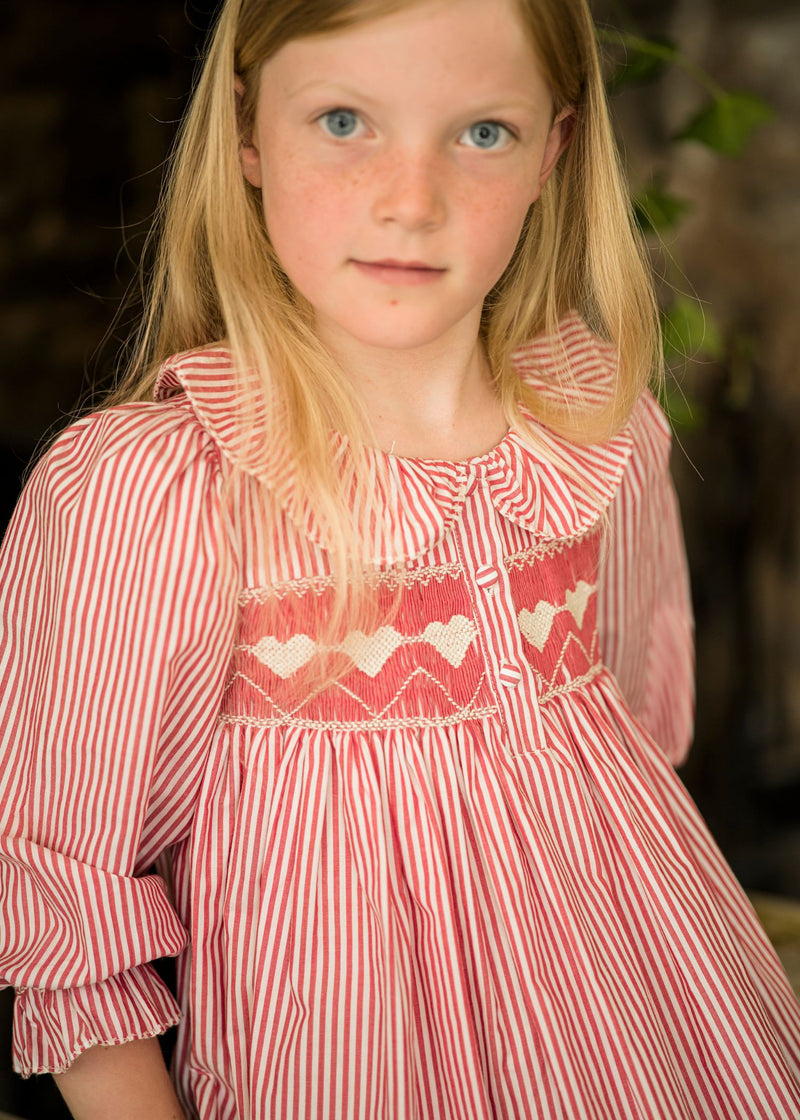 1-2 & 2-3y Samantha Varvel x Smock London Nightingale Girl's Dress Gingerbread Stripes with Snow Heart Hand Smocking