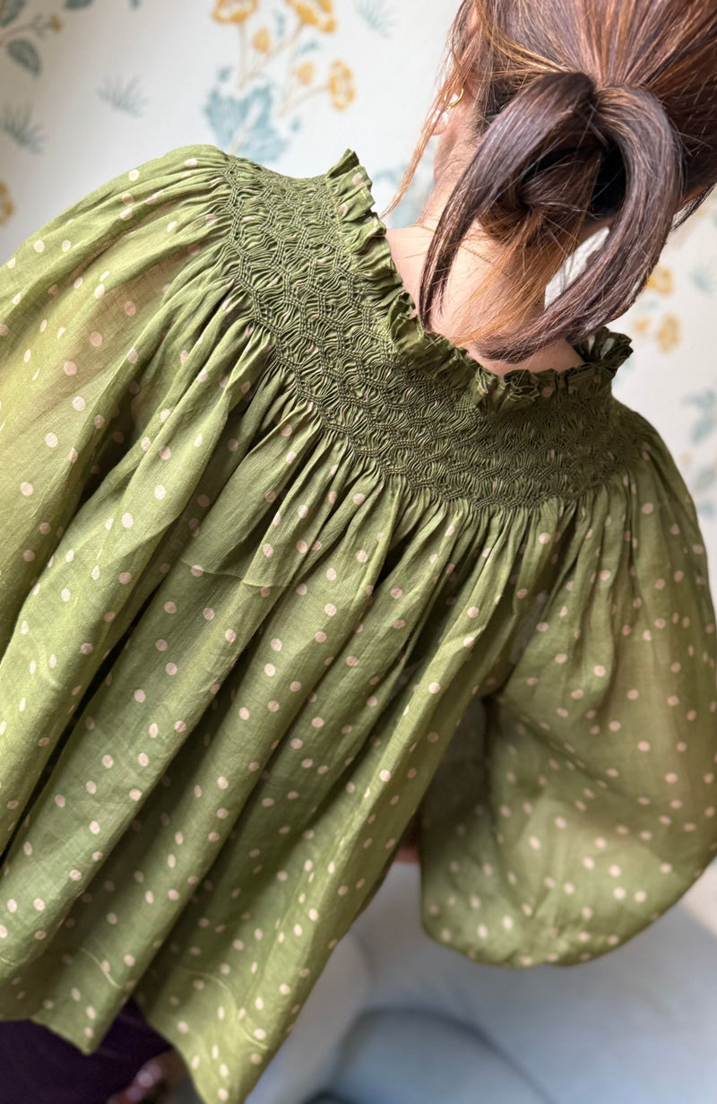 Cleopatra Jacket Woodland Spot Organdie with Hunter Green Hand Smocking Edition 3