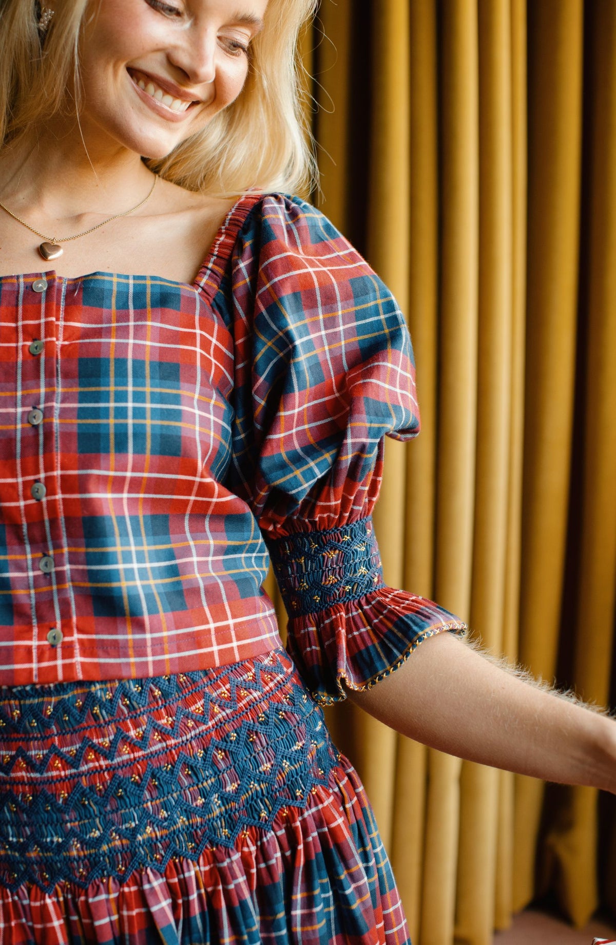 Sappho Blouse Wallace Tartan with Midnight Sparkle Hand Smocking