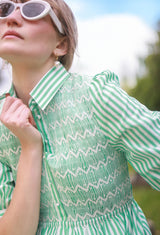 Victoria Woodhull Dress Green Goddess Stripe with Chantilly Hand Smocking