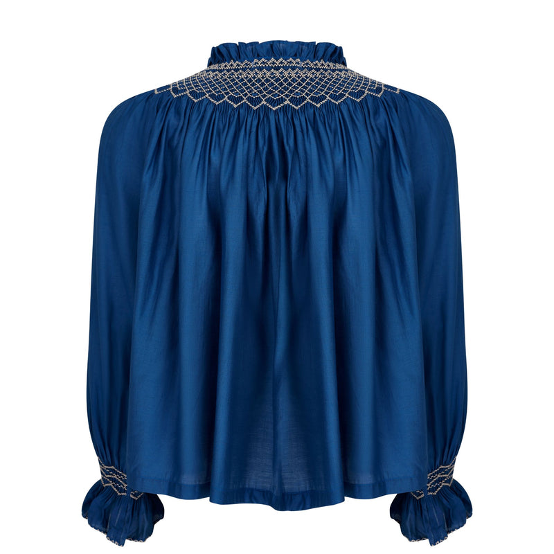 Cleopatra Blouse Cobalt Silk Cotton Sapphire with Vanilla Hand Smocking Edition 33
