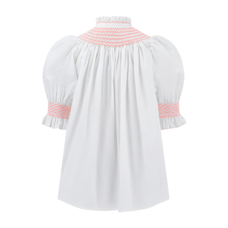 Scholl Women's Summer Blouse White with Coral Hand Smocking