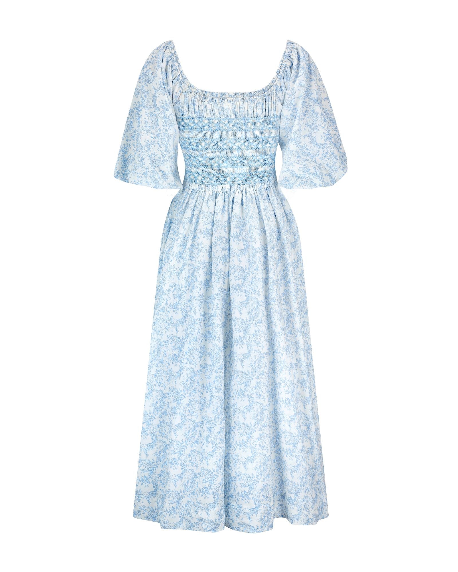 My Mulberry House x Smock London Scarlett Dress Toile des Champs with Delphinium Hand Smocking