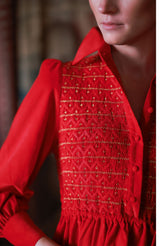 Victoria Woodhull Women's Dress Crimson Needlecord with Gold Coin Hand Smocking