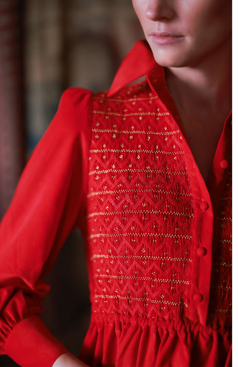 Victoria Woodhull Women's Dress Crimson Needlecord with Gold Coin Hand Smocking