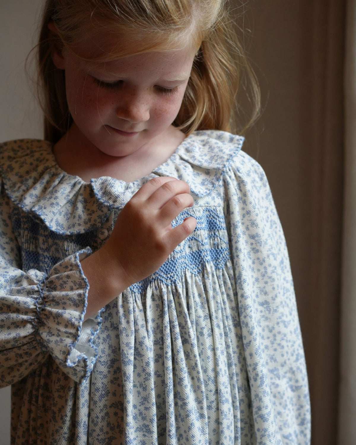Nightingale Girl's Dress Cornflower Ditsy with Bluebell Hand Smocking