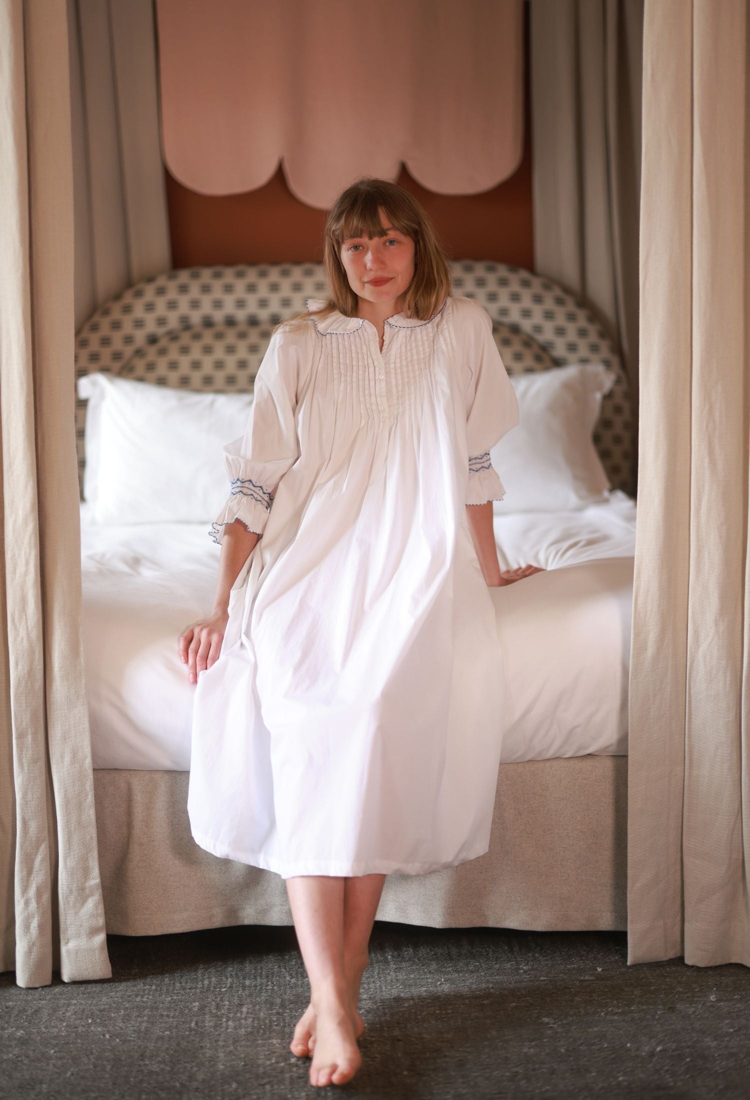 S/M Bessie Coleman Women's Dress Moonstone Cotton with Sapphire Hand Smocking