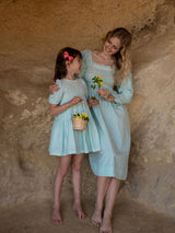 Josefine Butler Dress Kelly Green Seersucker with Cherry Pop Hand Smocking